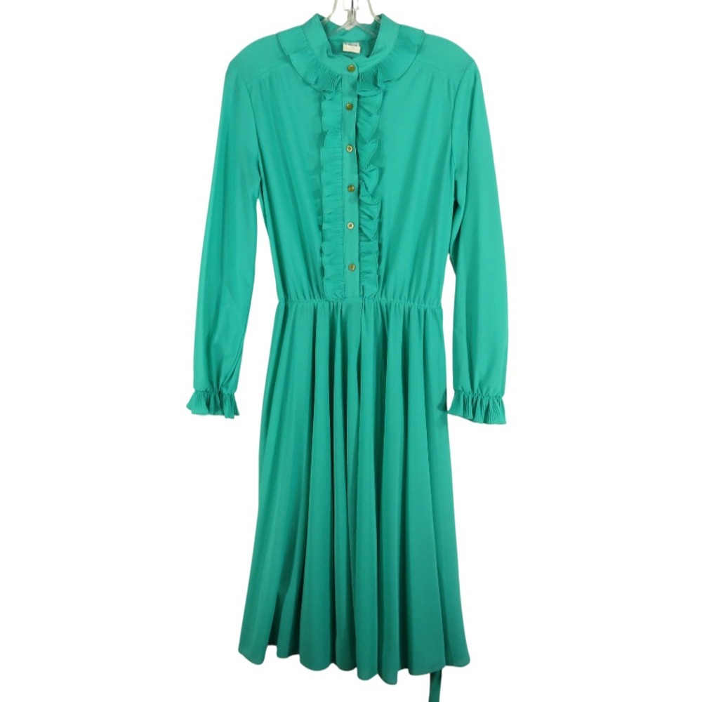 VTG MISS ELLIOTTE Teal Green Crepe SHIRT DRESS SHIFT Mini Tuxedo Ruffles Ties 14